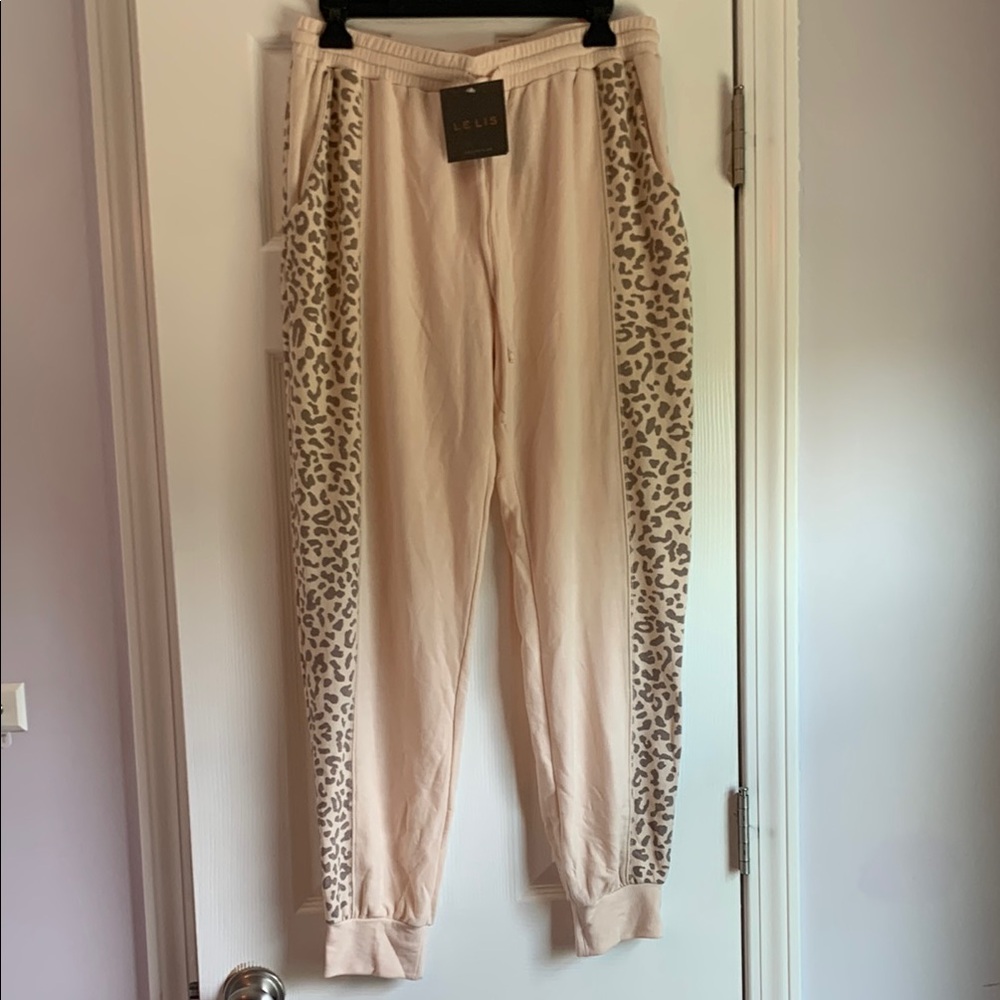 Le Lis Cream and Tan Track Pants with Leopard Accents